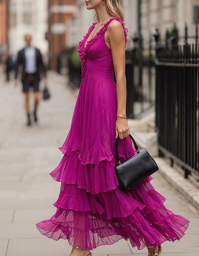 Fuchsia Pink Deep V-Neck Tiered Ruffle Chiffon Maxi Dress