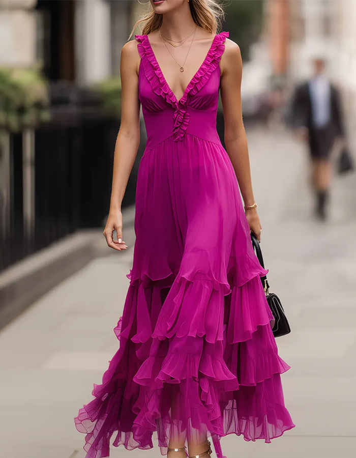Fuchsia Pink Deep V-Neck Tiered Ruffle Chiffon Maxi Dress