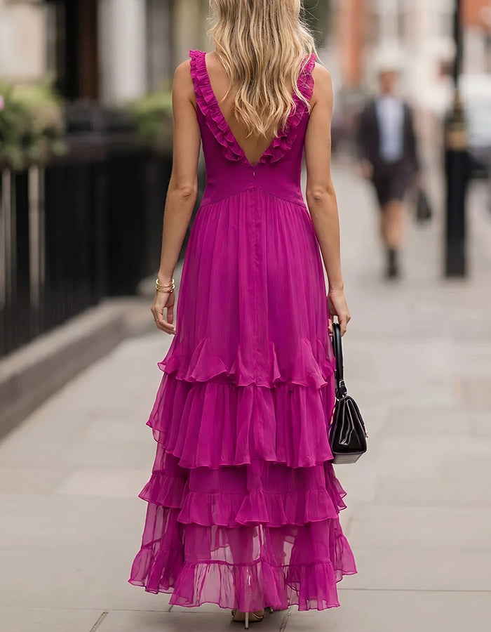 Fuchsia Pink Deep V-Neck Tiered Ruffle Chiffon Maxi Dress
