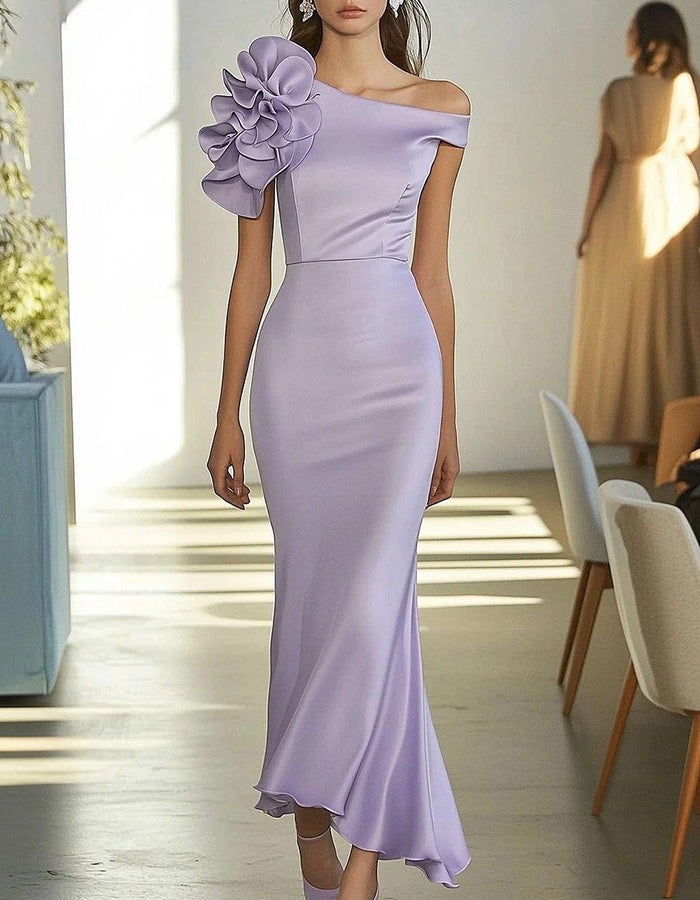 Lavender One-Shoulder Satin with Statement Floral Detail Midi Dress