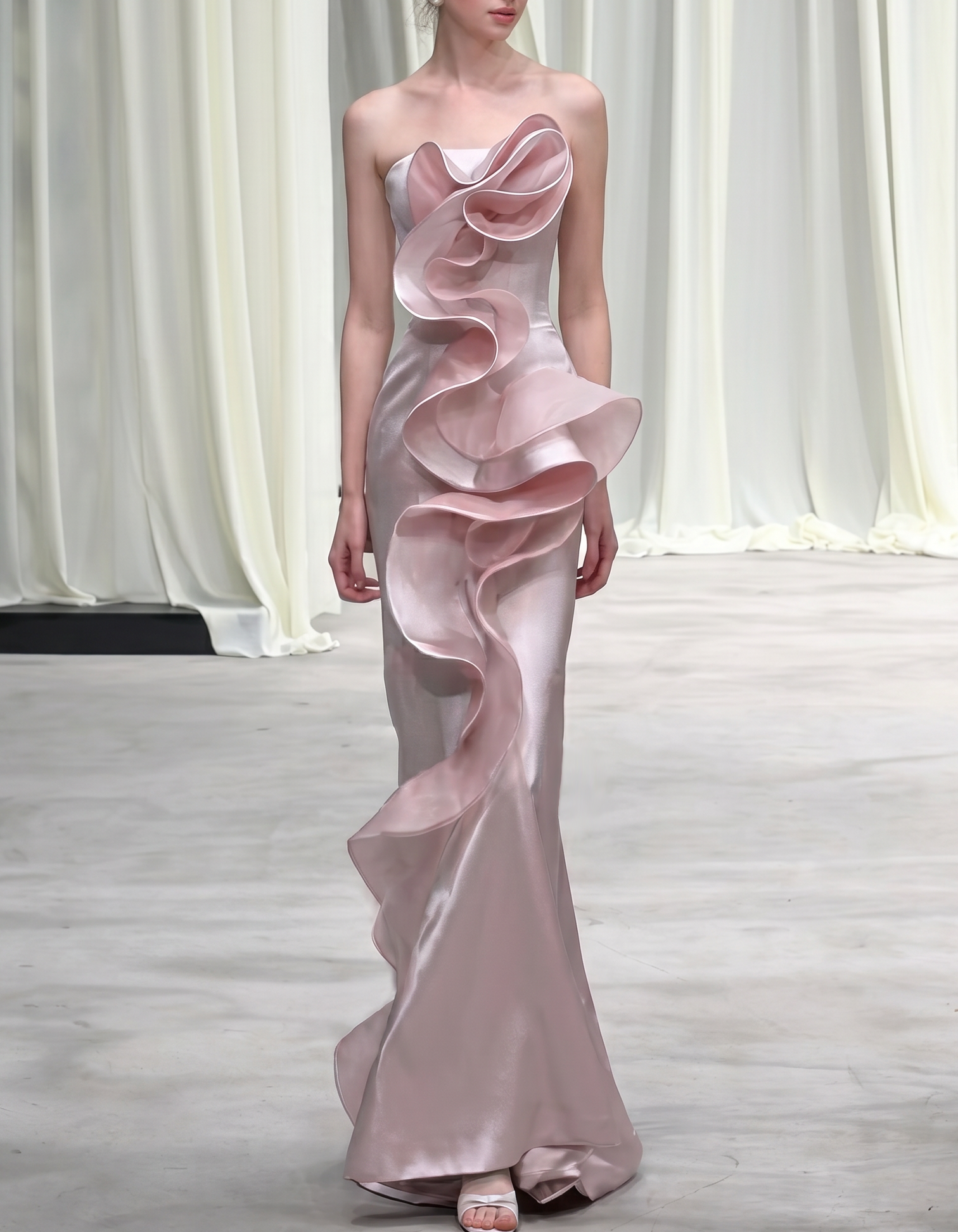 Pink Satin Exaggerated Ruffled Fishtail Maxi Dress