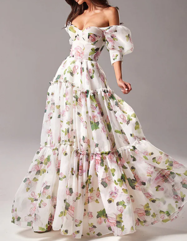 White Chiffon Floral Print Off-Shoulder Layered Maxi Dress