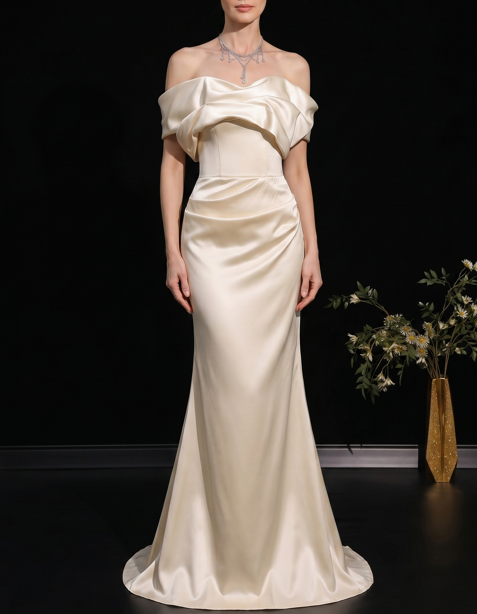 Light Champagne Satin Off-The-Shoulder Fishtail Maxi Dress