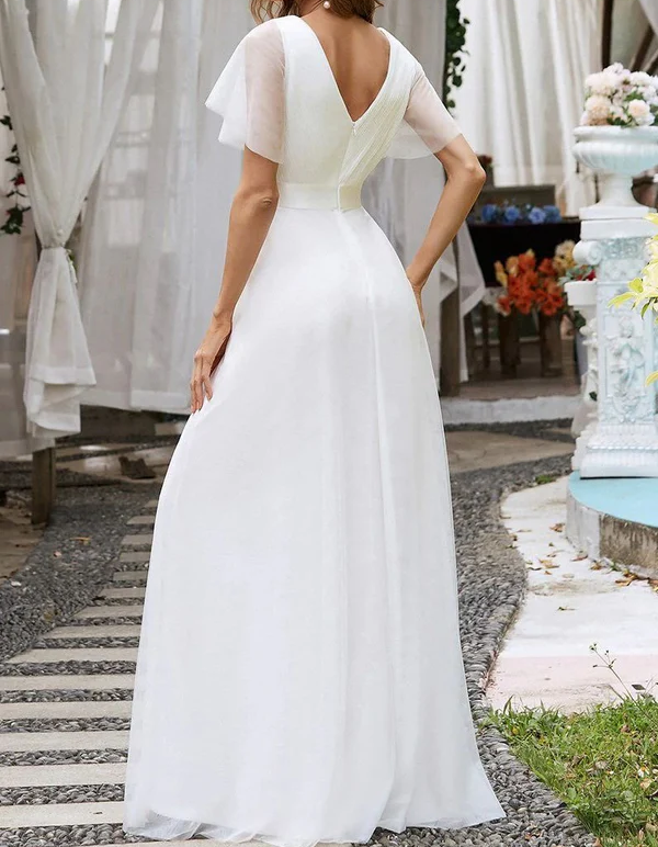 Abito lungo in chiffon con scollo a V, maniche a volant e satin aderente