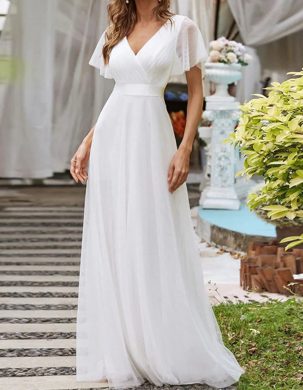 Chiffon V-Neck Ruffled Sleeve Satin Fitted Maxi Dress