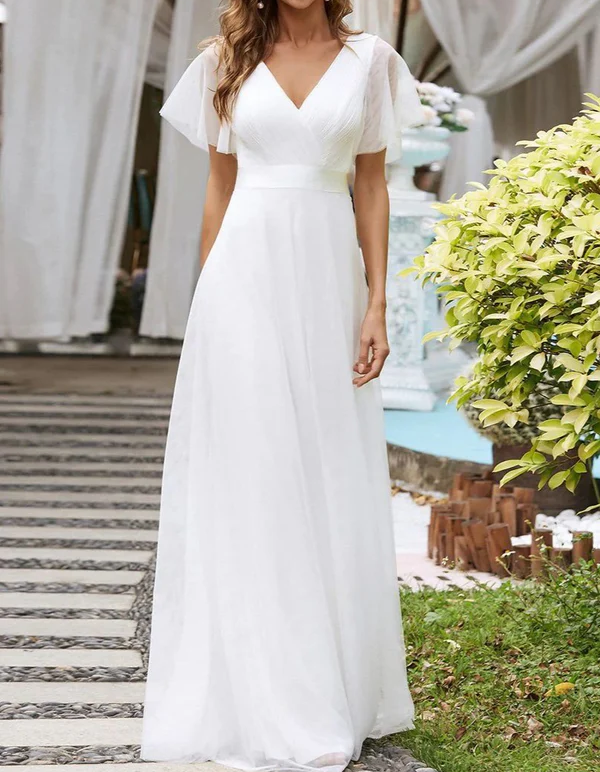 Abito lungo in chiffon con scollo a V, maniche a volant e satin aderente