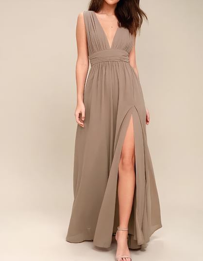 Deep V-Neck Chiffon Cinched Waist Slit Maxi Dress