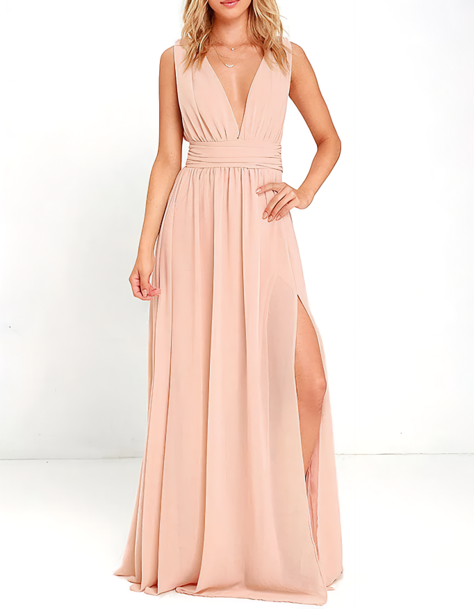 Deep V-Neck Chiffon Cinched Waist Slit Maxi Dress