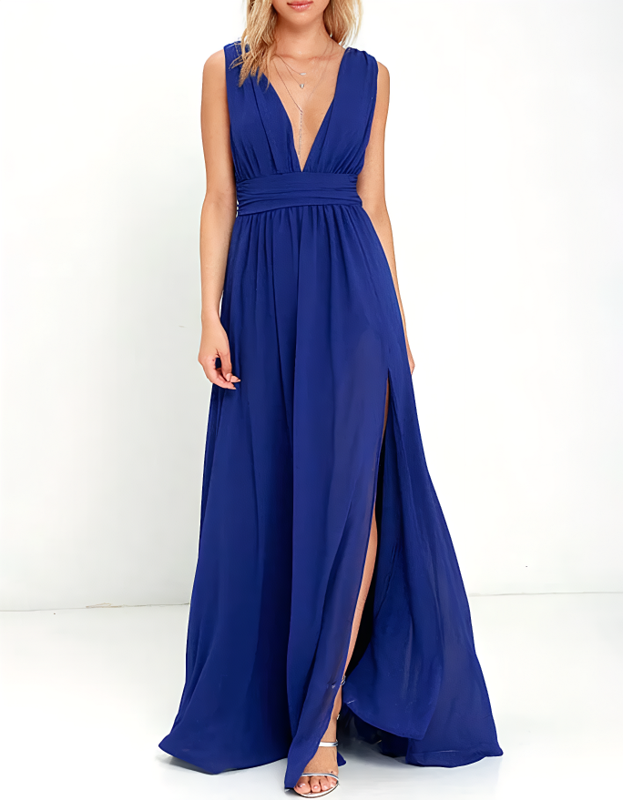 Deep V-Neck Chiffon Cinched Waist Slit Maxi Dress