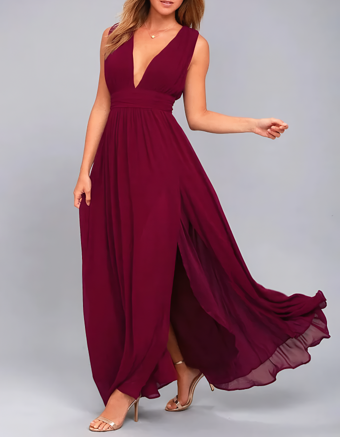 Deep V-Neck Chiffon Cinched Waist Slit Maxi Dress