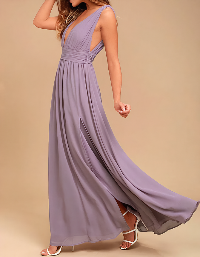 Deep V-Neck Chiffon Cinched Waist Slit Maxi Dress