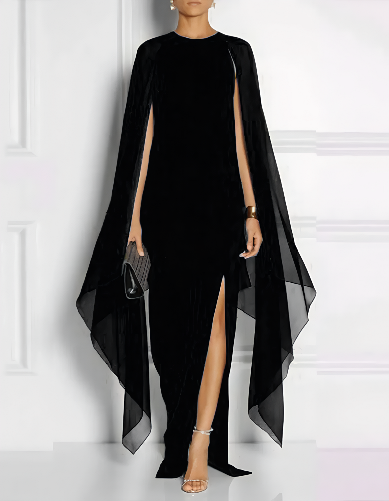 Chiffon Round Neck Shawl Sleeve Slit Maxi Dress