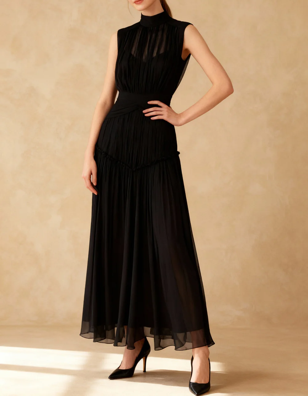 Chiffon Round Neck Sleeveless Fitted Waist Midi Dress