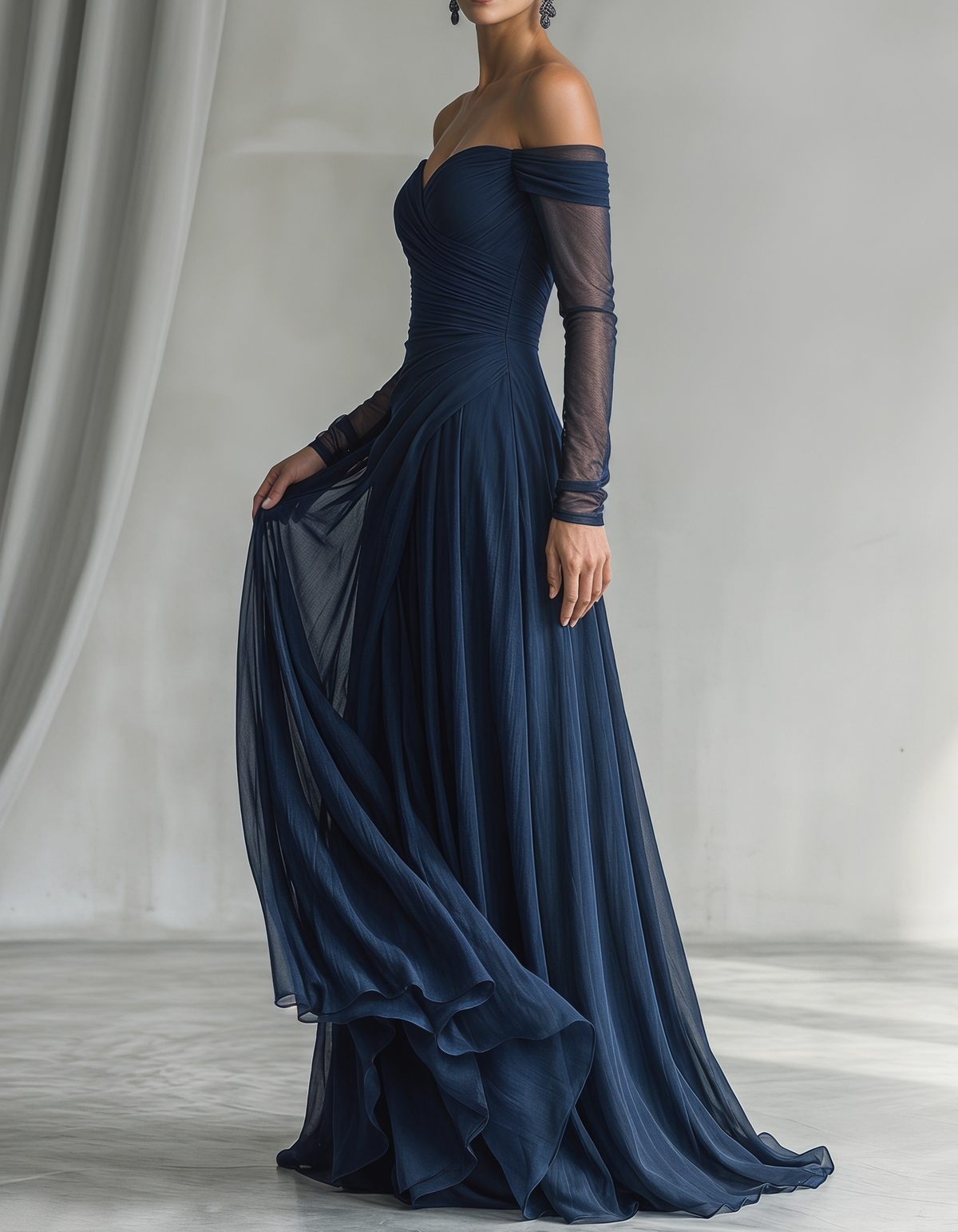 Chiffon Off-Shoulder Fitted Waist Maxi Dress