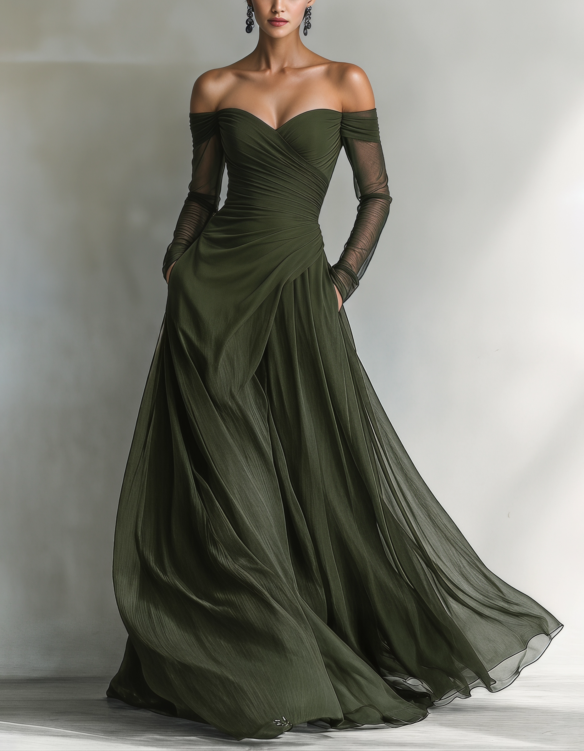 Vestido Maxi de Chiffon Ombro a Ombro com Cintura Ajustada