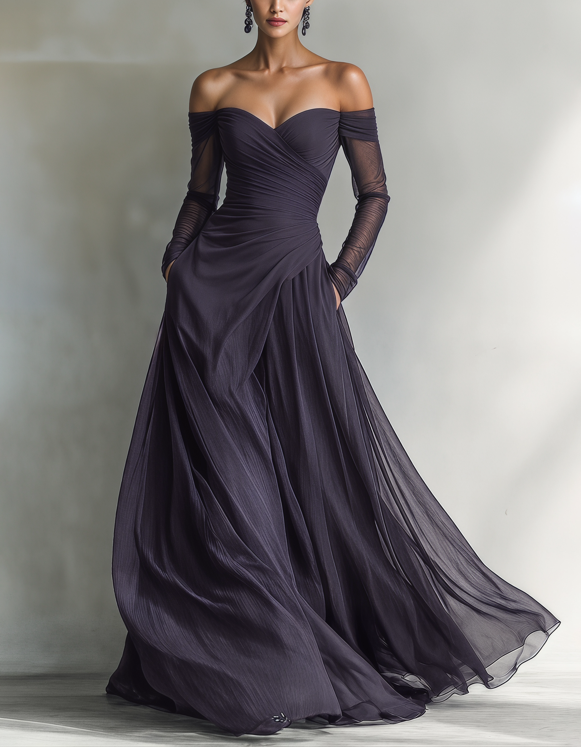 Vestido Maxi de Chiffon Ombro a Ombro com Cintura Ajustada