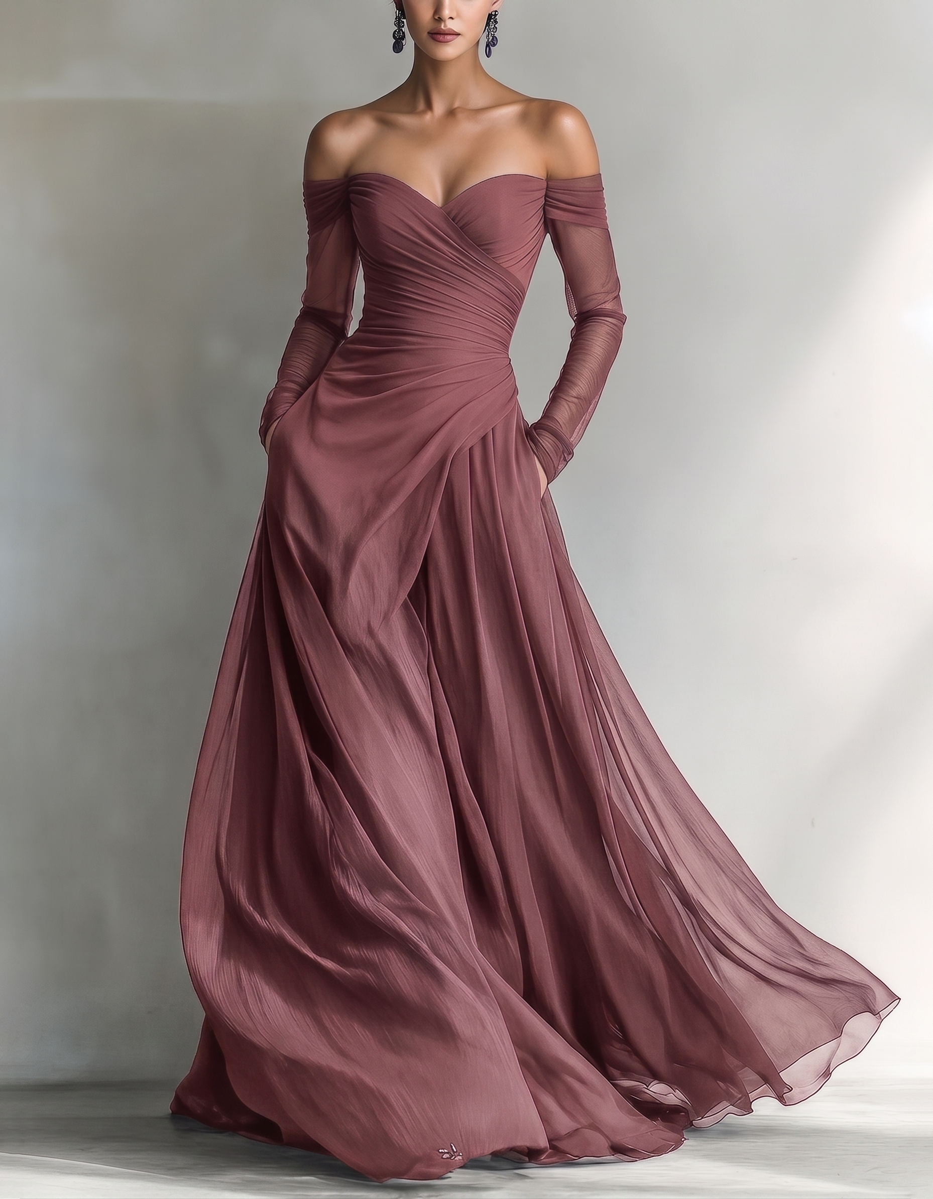 Chiffon Off-Shoulder Fitted Waist Maxi Dress