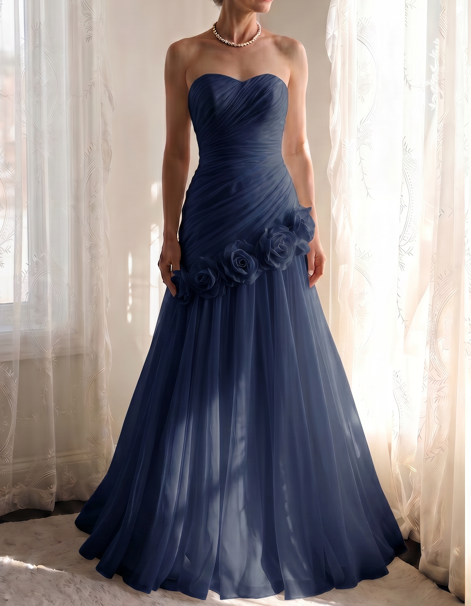 فستان ماكسي من الشيفون بدون أكتاف بتصميم غير متماثل وزهور ثلاثية الأبعاد