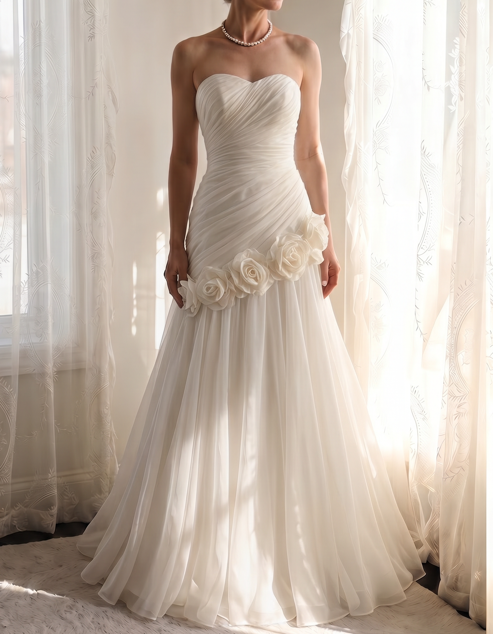 Chiffon Strapless Asymmetrical 3-Dimensional Rose Maxi Dress