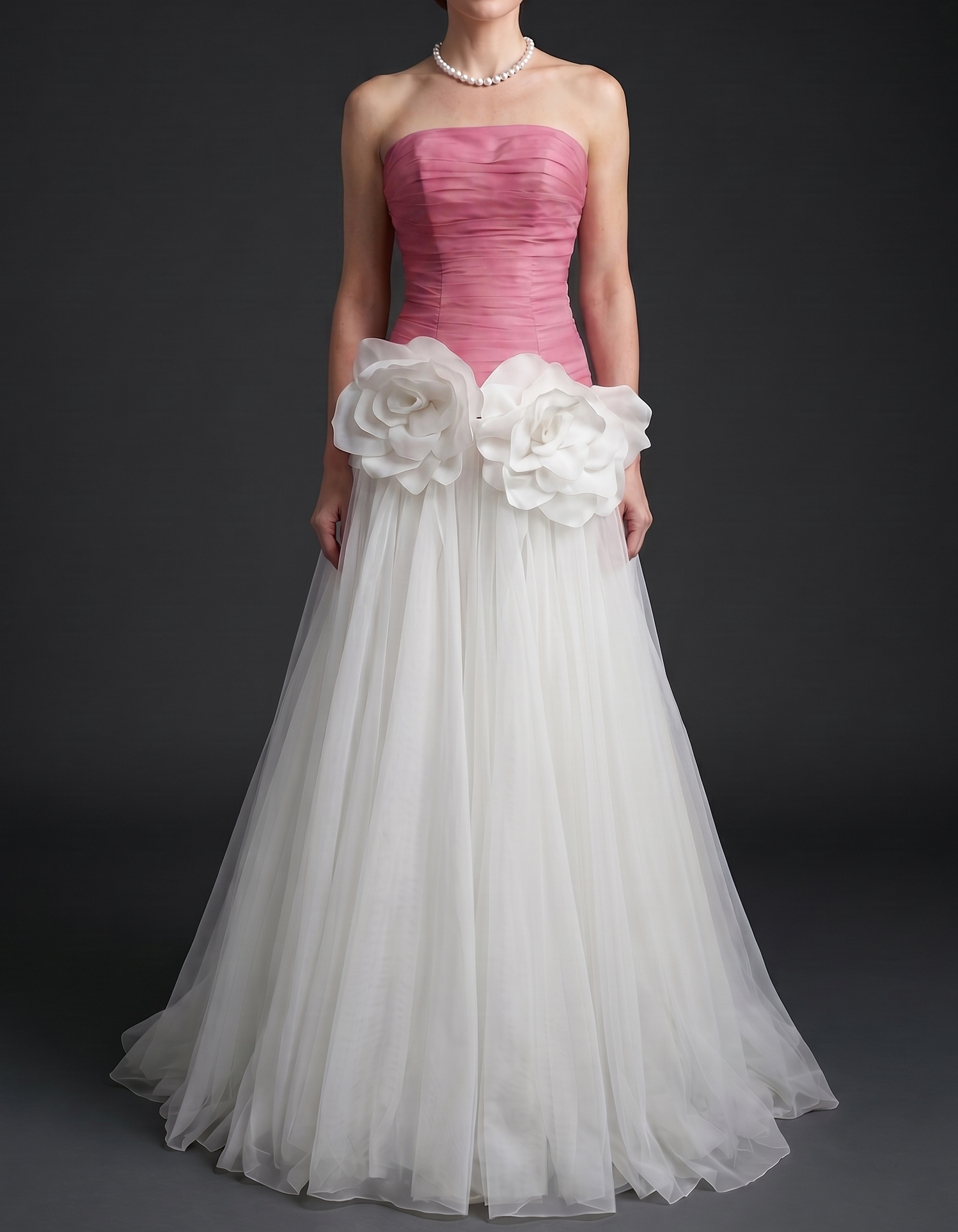 Chiffon Strapless Mesh 3D Floral Cinched Waist Maxi Dress