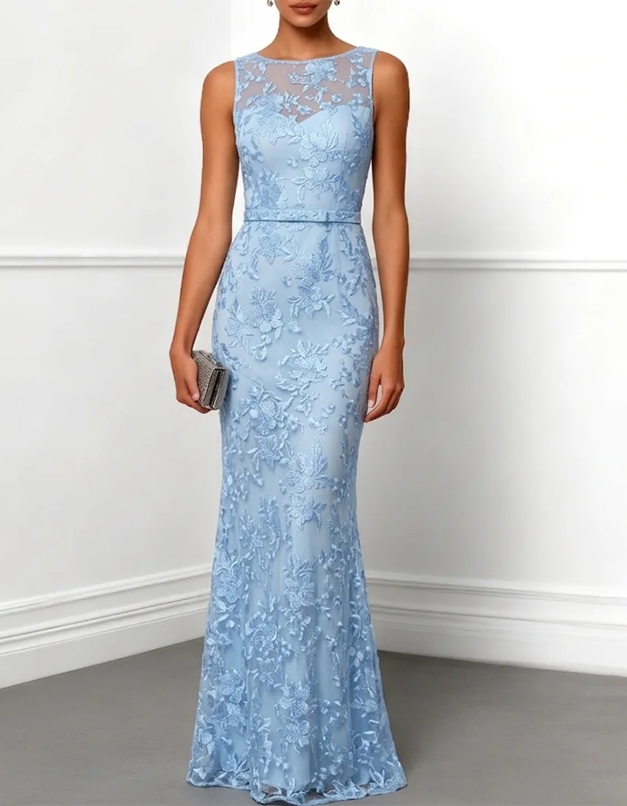 Light Blue Lace Illusion Neck Mermaid Maxi Dress