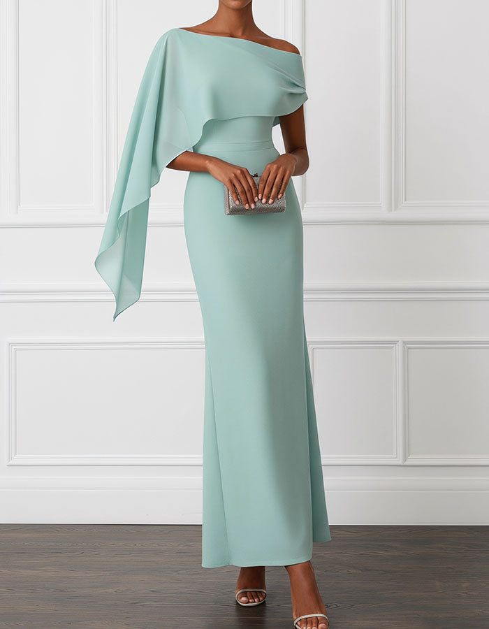 Mint Green One-Shoulder Cape Overlay Mermaid Maxi Dress