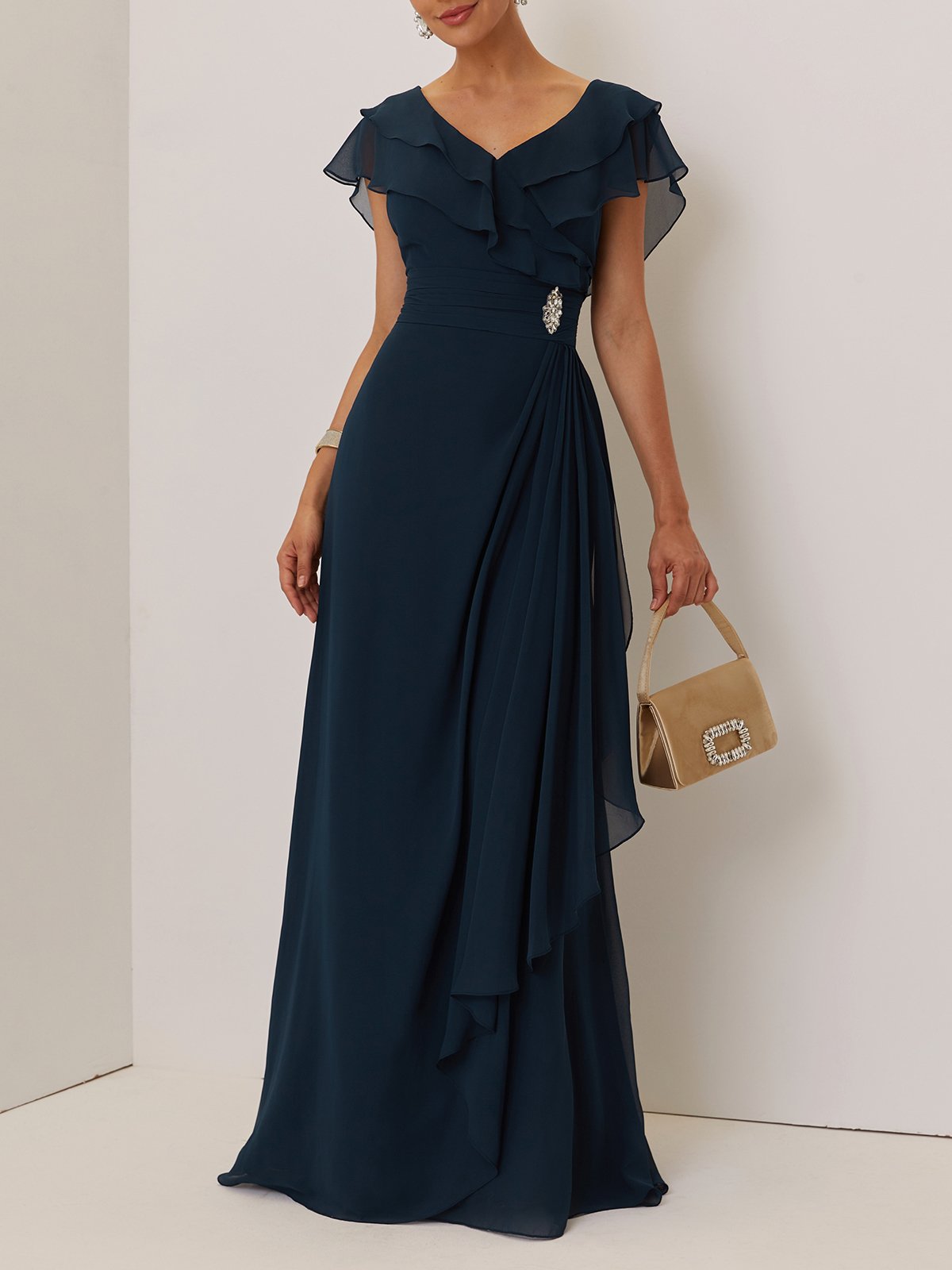 Navy Blue Ruffled V-Neck Chiffon Maxi Dress