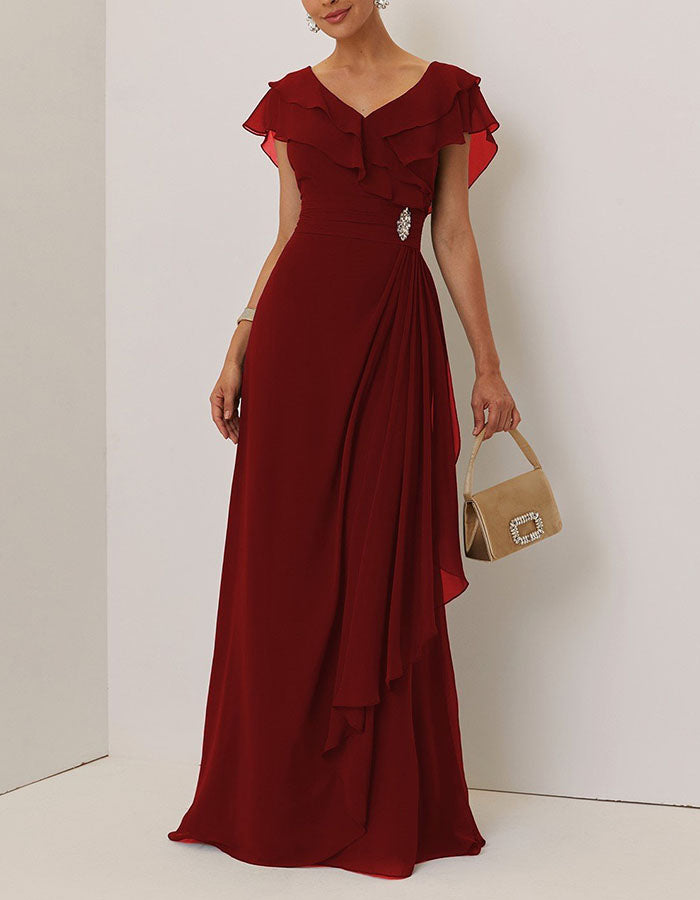 Navy Blue Ruffled V-Neck Chiffon Maxi Dress