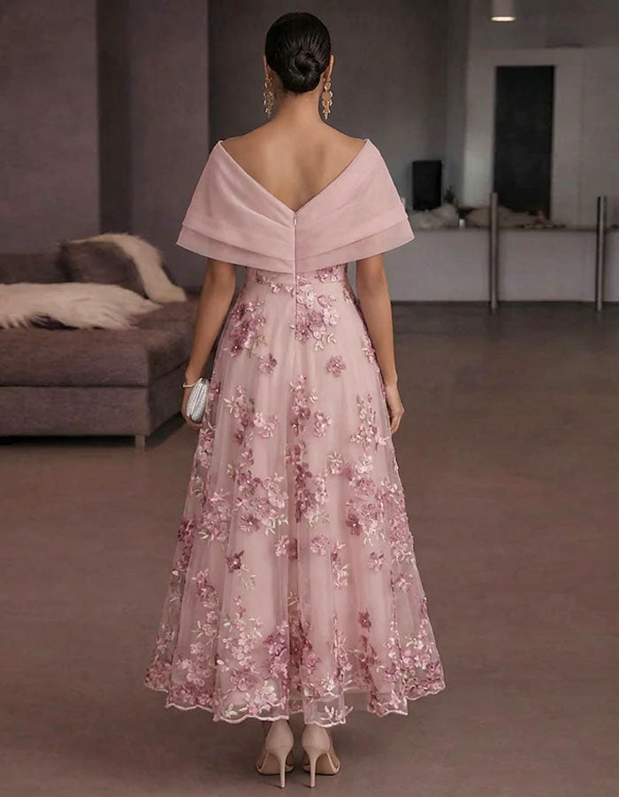 Rochie maxi cu broderie florală 3D și umeri goi, culoare uni