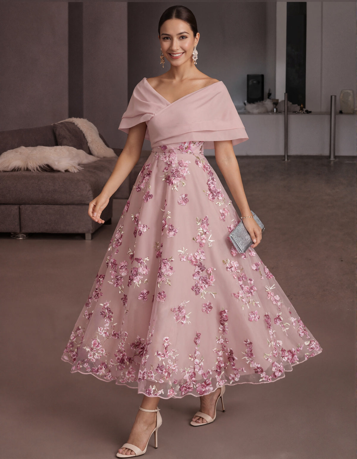Rochie maxi cu broderie florală 3D și umeri goi, culoare uni