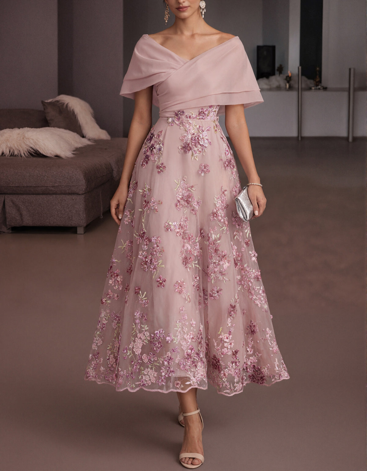 Rochie maxi cu broderie florală 3D și umeri goi, culoare uni