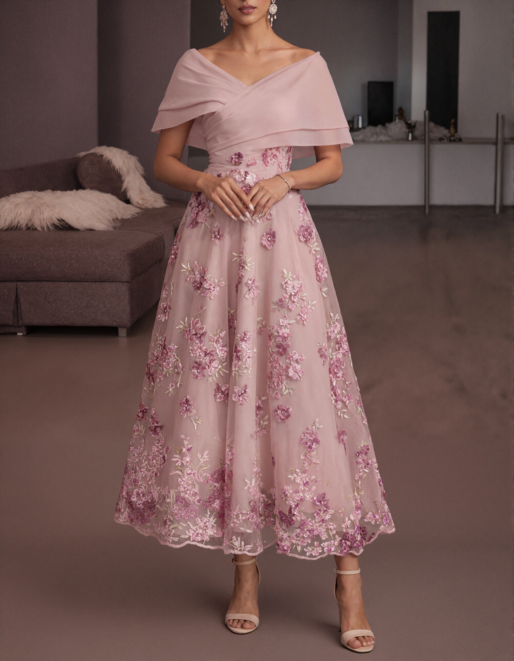 Rochie maxi cu broderie florală 3D și umeri goi, culoare uni