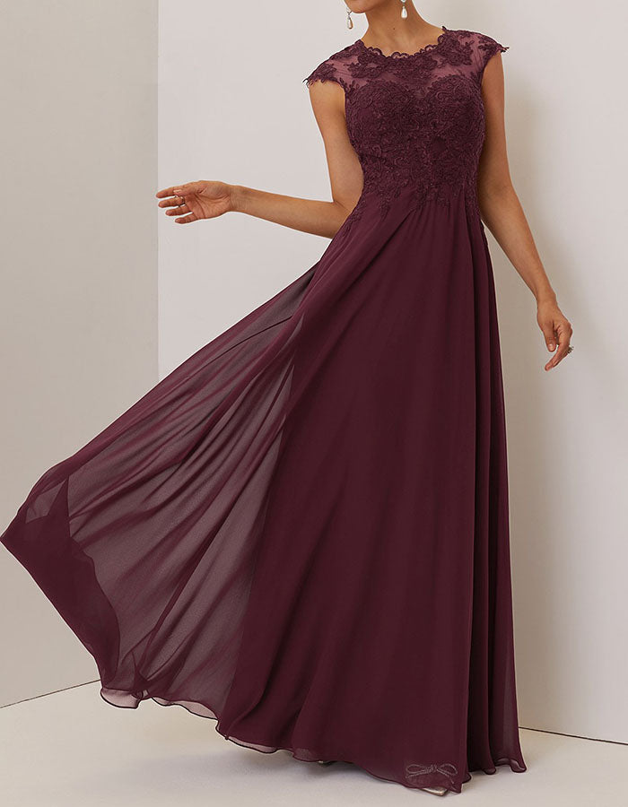 Burgundy Illusion Lace Chiffon A-Line Maxi Dress