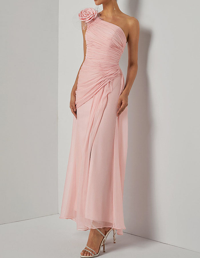 Blush Pink One-Shoulder Ruched Chiffon Maxi Dress