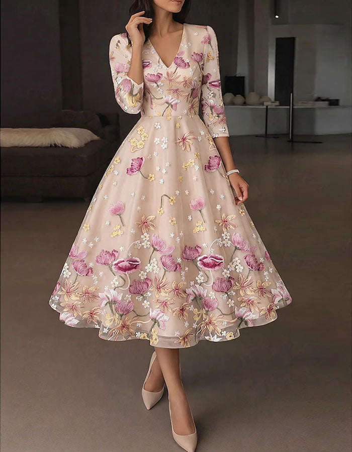 Nude Colored Floral Embroidered V-Neck Midi Dress
