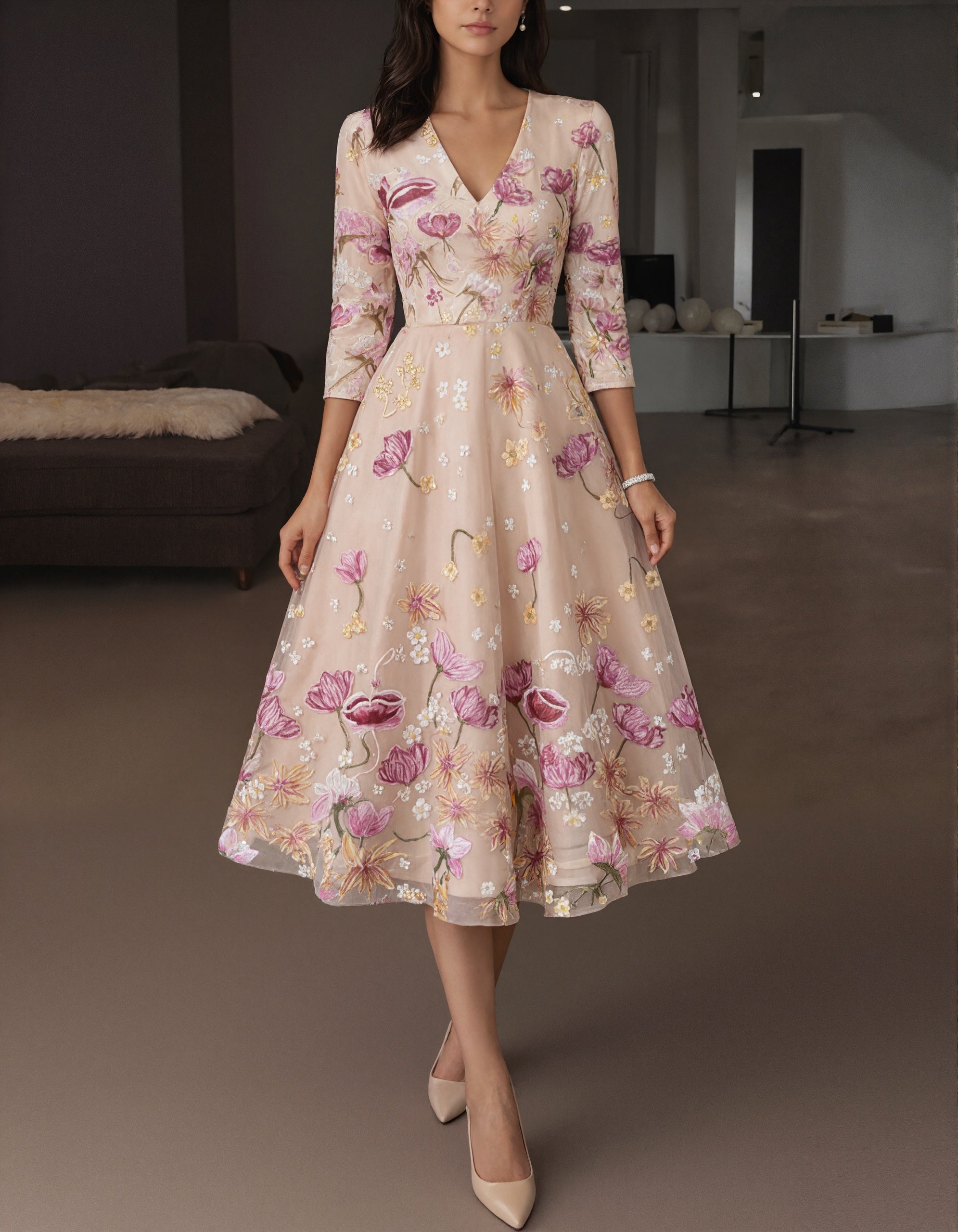 Nude Colored Floral Embroidered V-Neck Midi Dress