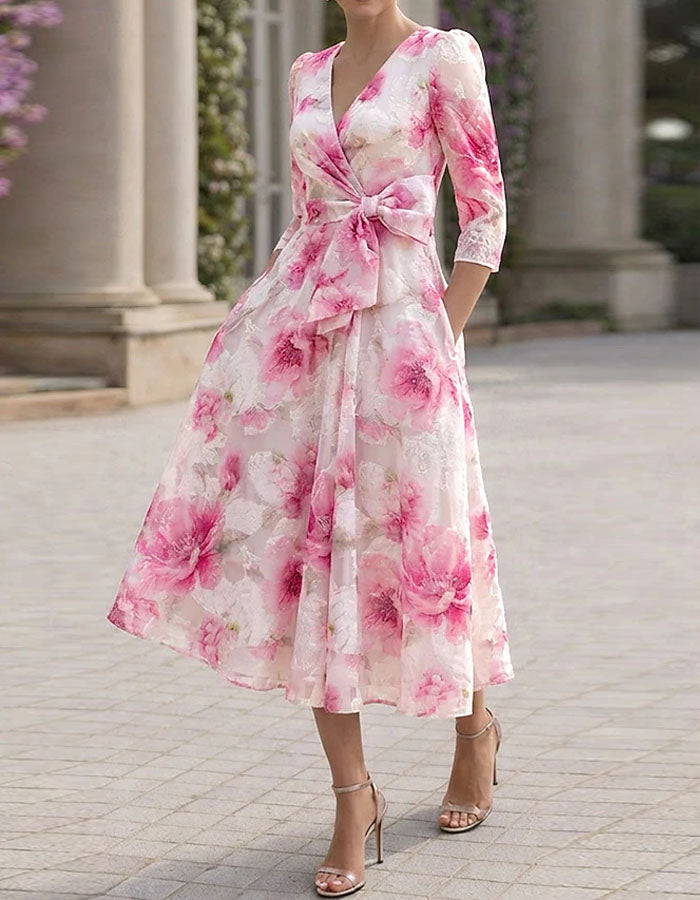 Abito midi tinta unita con fiori acquerellati rosa