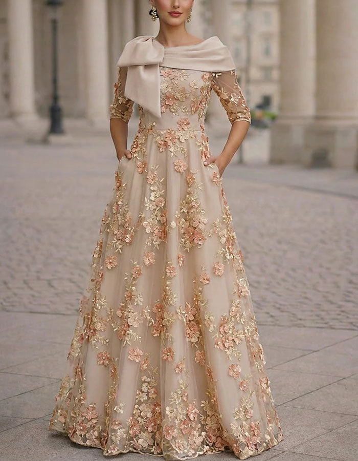 Rochie maxi cu broderie florală 3D, culoare uni
