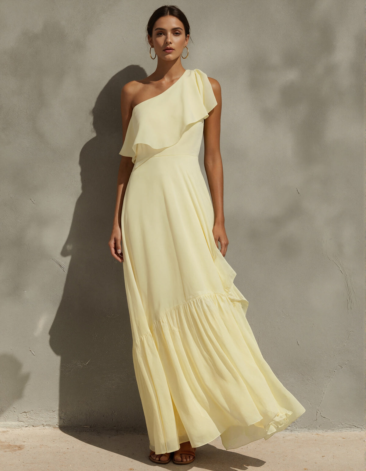 Light Yellow One Shoulder Chiffon Maxi Dress