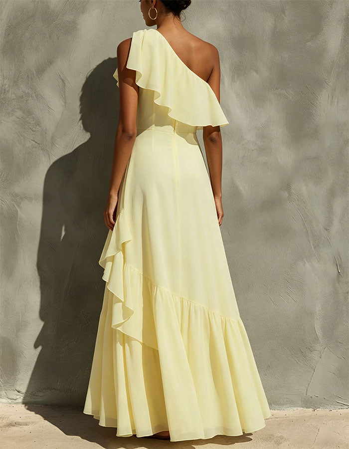 Light Yellow One Shoulder Chiffon Maxi Dress