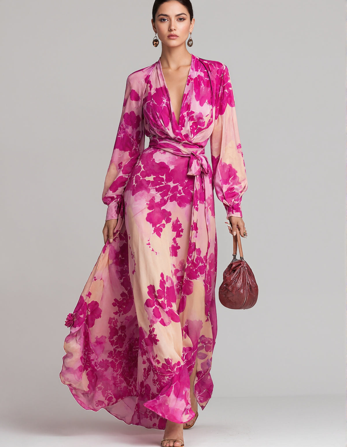 Rosenrosa Maxikleid aus floralem Chiffon