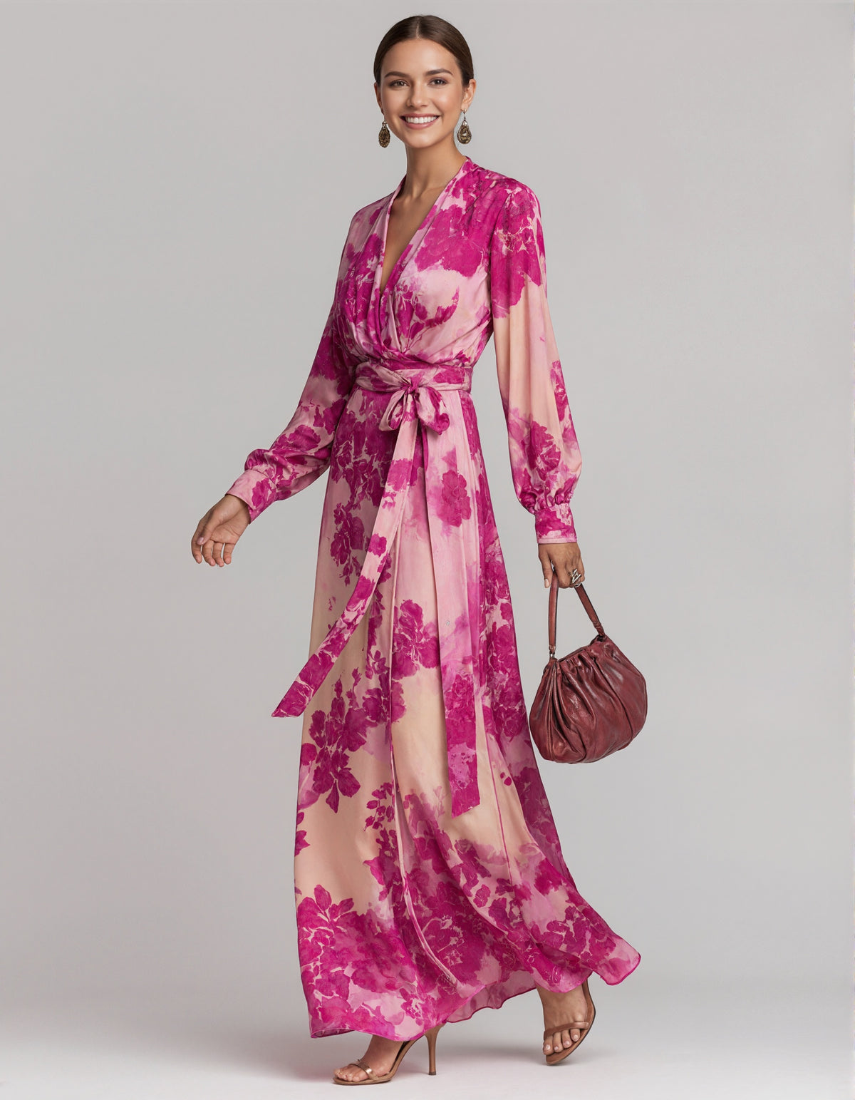 Rosenrosa Maxikleid aus floralem Chiffon