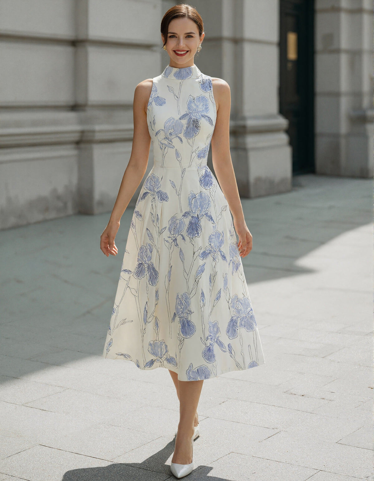 Robe midi crème sans manches à imprimé iris  