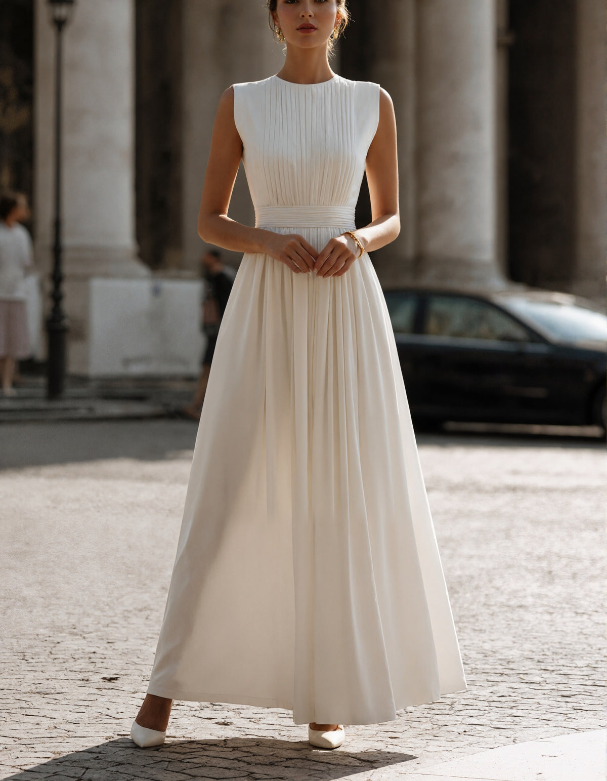 White Pleated Sleeveless Maxi Dress