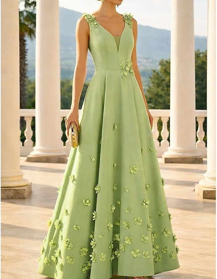 Vestido Maxi A-Line Floral 3D em Cetim com Decote em V