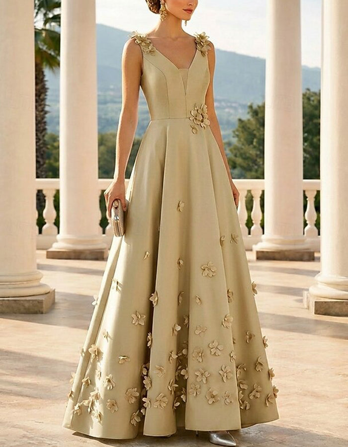 Vestido Maxi A-Line Floral 3D em Cetim com Decote em V