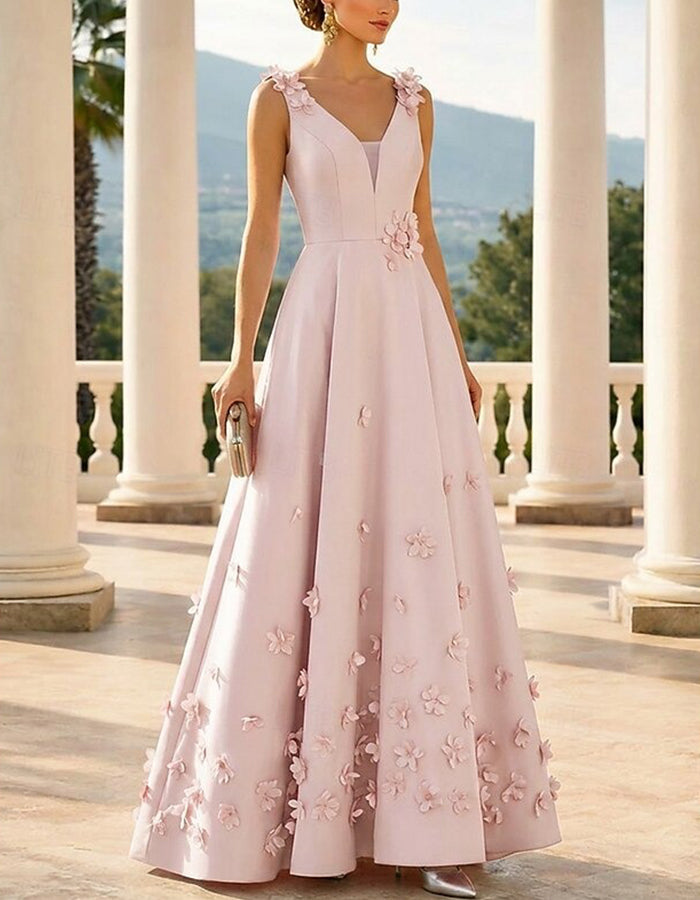 Vestido Maxi A-Line Floral 3D em Cetim com Decote em V