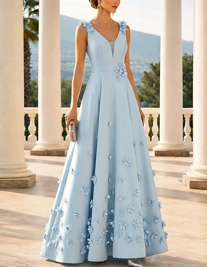 Vestido Maxi A-Line Floral 3D em Cetim com Decote em V