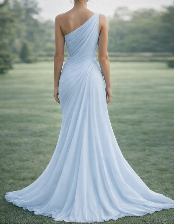 Pure Blue One Shoulder Chiffon Maxi Dress