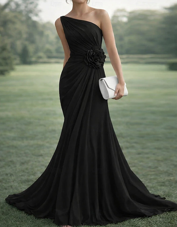 Rochie maxi albastru pur din chiffon cu un umăr